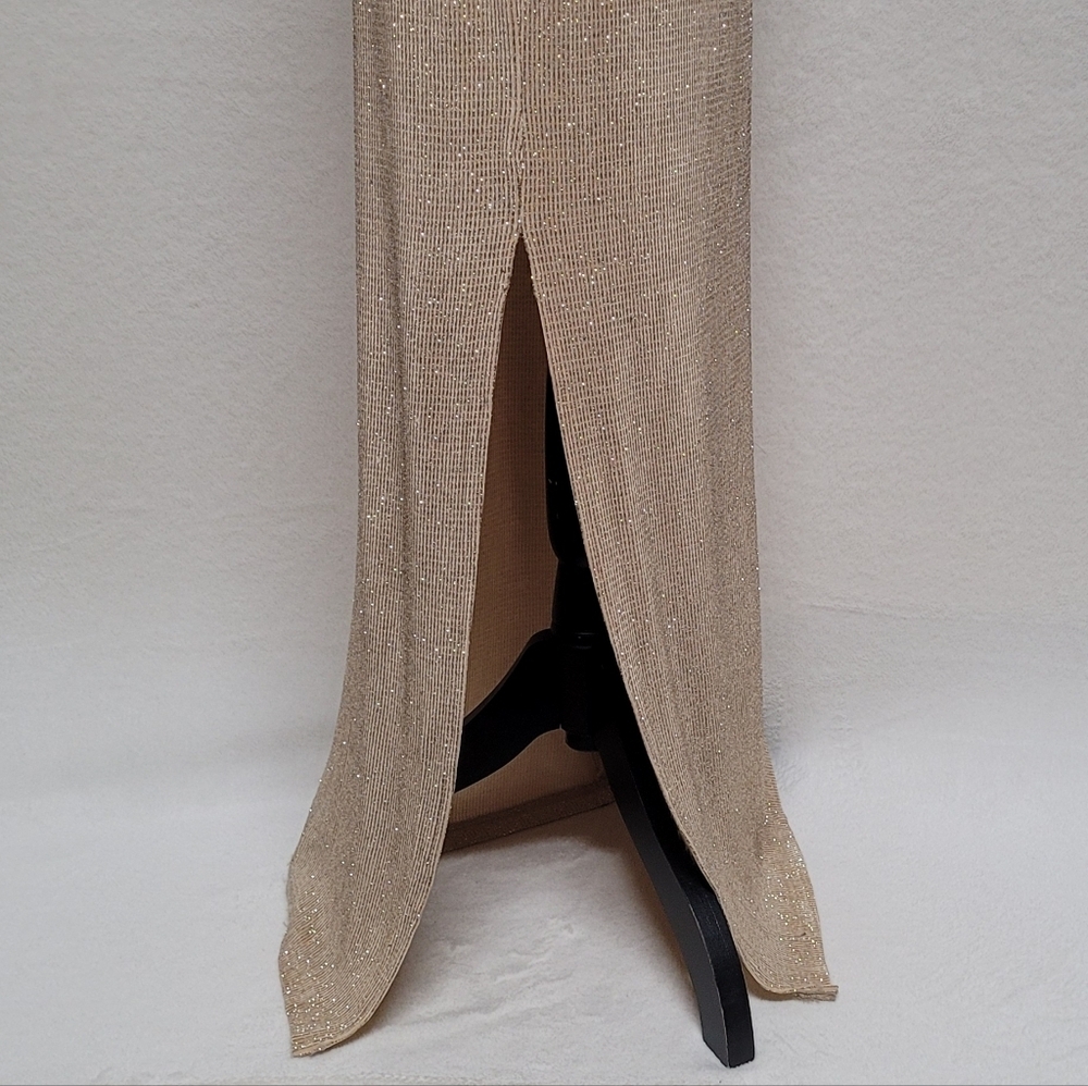 80s Vintage City Triangles Gold Metallic Knit Strappy Backless Slit Maxi Dress M - Picture 8 of 14